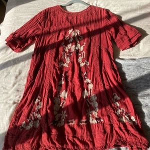 Free People Embroidered Red Shift Dress